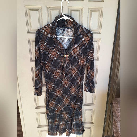 VTG Adrienne Vittadini Dress SzL  Ribbed Knit Lt Weight Plaid Drop Waist Logo - Picture 1 of 10